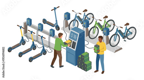 Busy Bicycle Workshop Scene with People and Service Kiosk. Vector Illustrations. EPS Editable