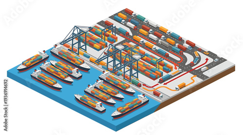 Busy Container Port Terminal With Cranes And Shipping Containers. Vector Illustrations. EPS Editable