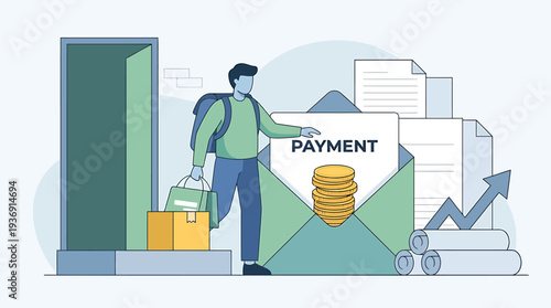 Busy Customer Paying Bills And Receiving Mail At Office. Vector Illustrations. EPS Editable