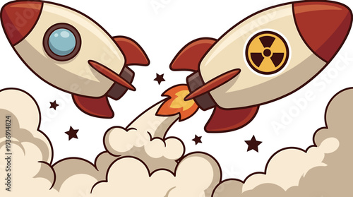 Cartoon Rocket Launching into Colorful Sky Scene. Vector Illustrations. EPS Editable