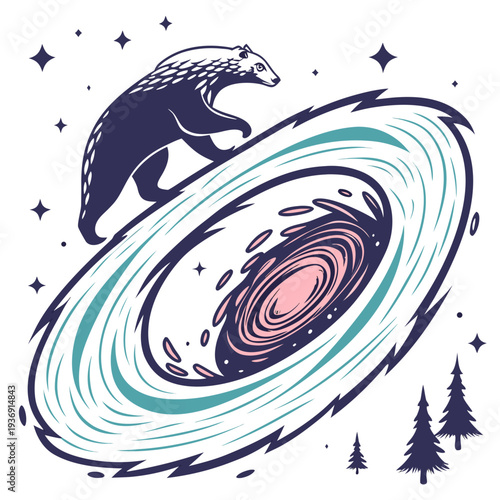 Cosmic badger standing on spiral galaxy with trees