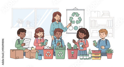 Children Sorting Recyclables In Class Learning Environment. Vector Illustrations. EPS Editable