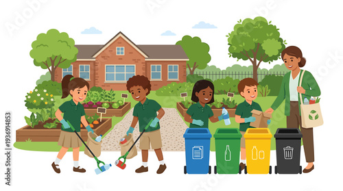 Children Cleaning Up Schoolyard Garden and Community Cleanup Activity. Vector Illustrations. EPS Editable