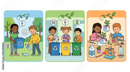 Children Learn Recycling and Environment in Classroom Activity. Vector Illustrations. EPS Editable