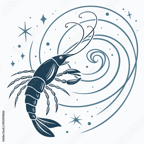 Dark blue shrimp with swirling lines and stars prawn