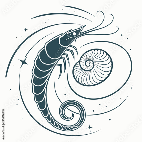 Dark green of a shrimp and nautilus shell white background