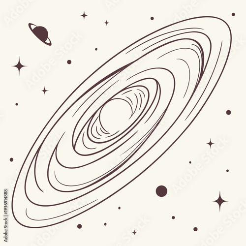 Minimalistic realistic of a swirling planet with rings and stars