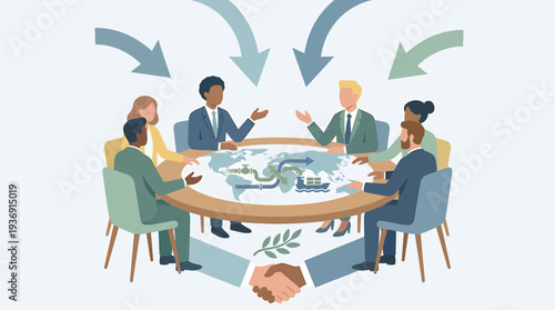Collaborative Roundtable Meeting for Strategic Teamwork and Planning. Vector Illustrations. EPS Editable
