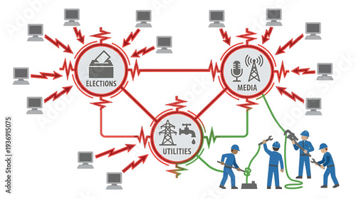 Collaborative Security Network Diagram Showing Risk Response. Vector Illustrations. EPS Editable