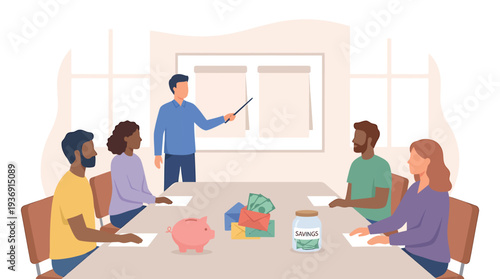 Collaborative Team Meeting with Presenter and Participants. Vector Illustrations. EPS Editable