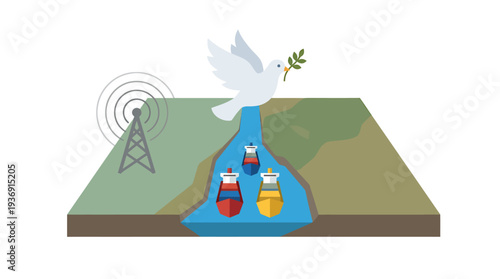 Colorful River Scene With Boats And Dove. Vector Illustrations. EPS Editable