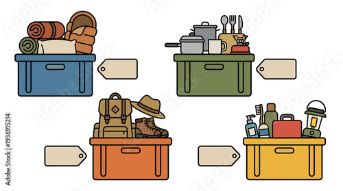 Colorful tool boxes and assorted workshop tools on a sturdy bench. Vector Illustrations. EPS Editable