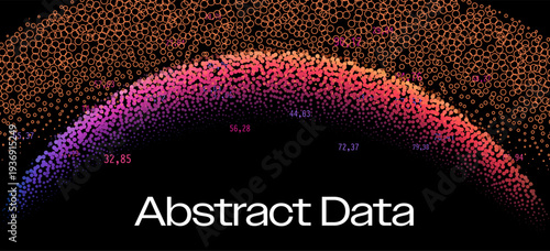 Wave of glowing red, orange, pink and purple dots creates abstract data flow on black background with numerical values. Conceptual vector illustration for abstract data, digital analytics.