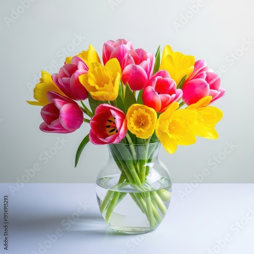Vibrant pink and yellow tulips freshly cut and carefully arranged in a clear glass vase, symbolizing spring renewal and elegant floral decoration, botany, arrangement, holiday