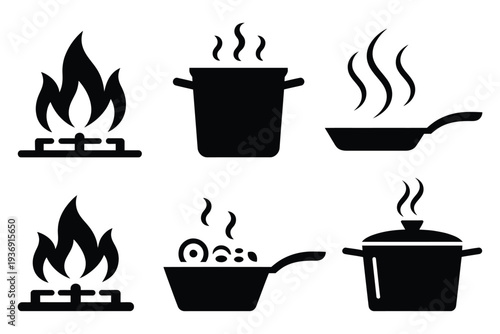 Six black icons of cooking pots and pans on gas stoves with steam, keywords cooking, kitchen, food, stove, pot