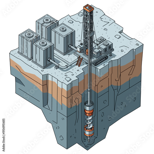 Isometric illustration of a geothermal power plant drilling into the earth.