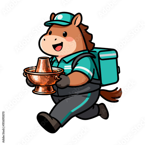 [Vector EPS]Cute horse character delivering a hot pot food delivery service