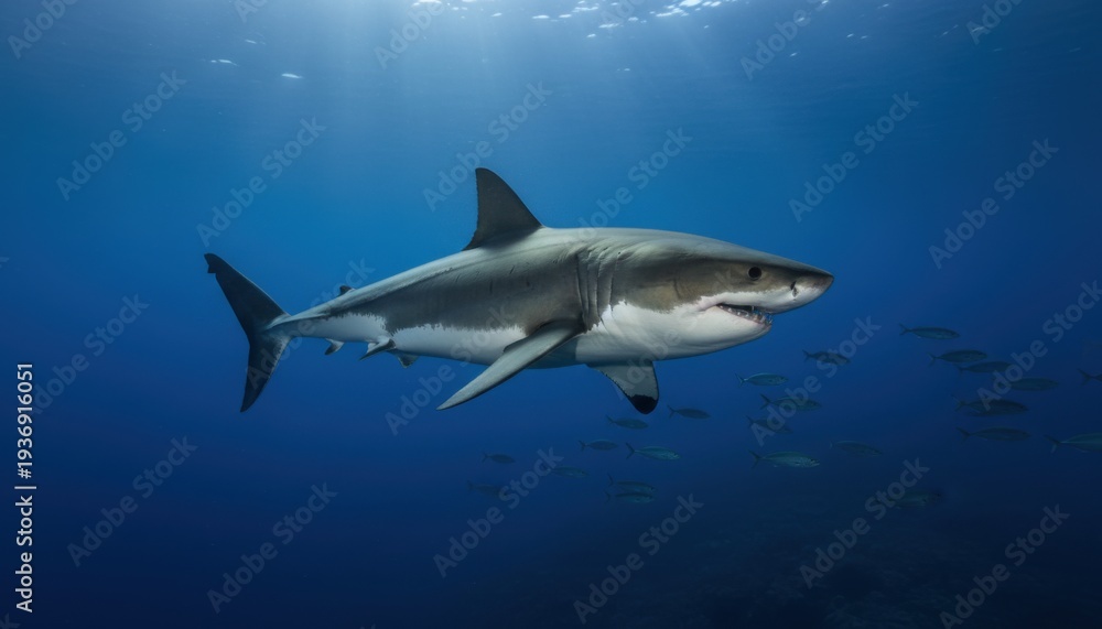 Fototapeta premium Powerful Great White Shark Gliding Through Deep Blue Ocean Waters with Sunlight Rays Above