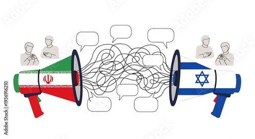 Contrasting Megaphones Showcasing Iranian and Israeli Dialogue and Tension. Vector Illustrations. EPS Editable