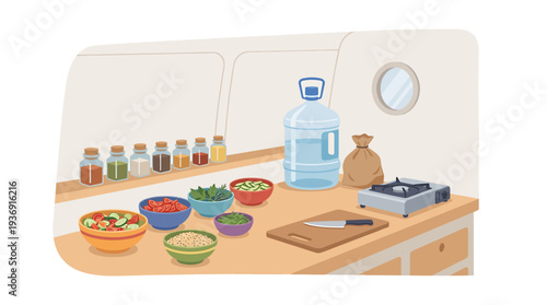 Cozy Home Kitchen With Fresh Bowls And Bottles On Wooden Counter. Vector Illustrations. EPS Editable