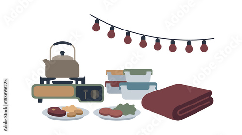 Cozy Outdoor Picnic Setup Under String Lights. Vector Illustrations. EPS Editable