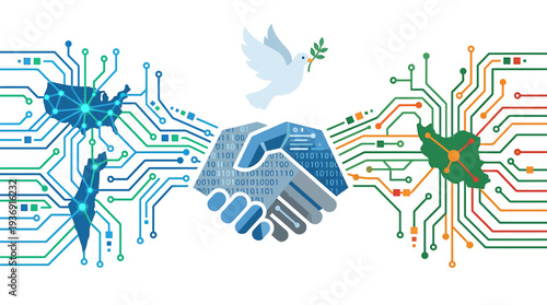 Connected Hands and Circuits Embody Digital Collaboration. Vector Illustrations. EPS Editable