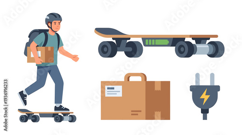 Courier On Skateboard Delivering Packages With Eco Power Charger. Vector Illustrations. EPS Editable