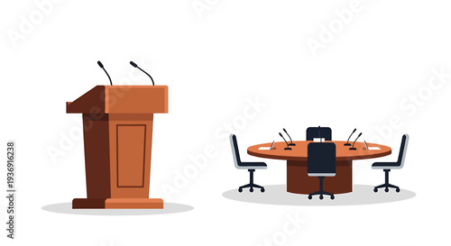 Conference Setup with Podium and Round Table for Meeting. Vector Illustrations. EPS Editable
