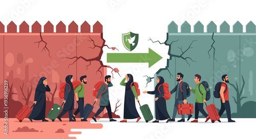 Cross Border Queue of Travelers Crossing Through Wall Gate. Vector Illustrations. EPS Editable