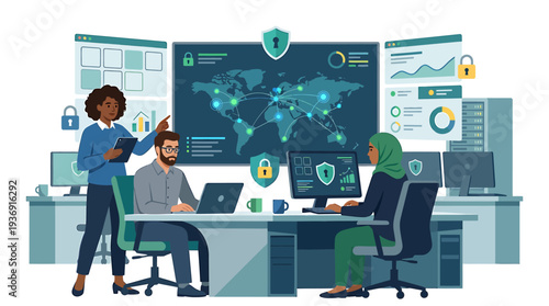 Cybersecurity Operations Center With Analysts And Monitors. Vector Illustrations. EPS Editable