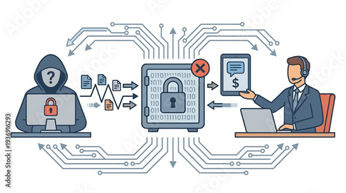 Cybersecurity Scene Featuring Hacker Padlock and Digital Circuitry. Vector Illustrations. EPS Editable