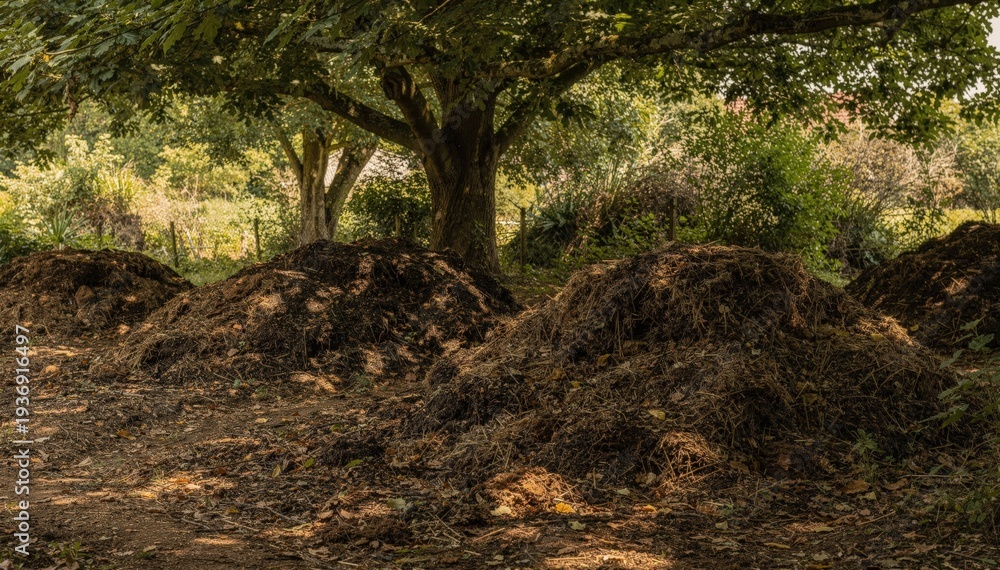 Obraz premium Medium shot of shaded compost curing zone with older piles resting under tree cover showcasing natural decomposition in a cool protected environment.