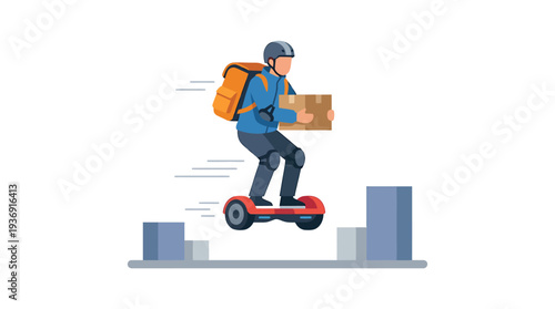 Delivery Worker Riding Hoverboard Carrying Package Through City Street. Vector Illustrations. EPS Editable