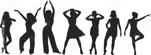 Women dancing silhouettes collection isolated on white background representing party, music, nightlife, celebration and energetic female dancers in modern entertainment lifestyle concept