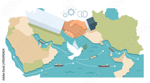 Diplomatic Handshake Over Peaceful Global Map Scene. Vector Illustrations. EPS Editable