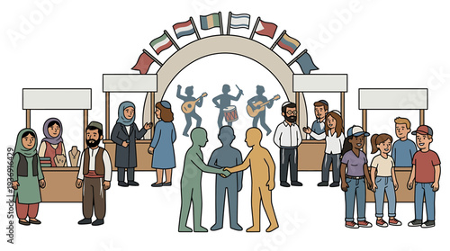 Diverse Crowd At Public Exhibition And Interaction. Vector Illustrations. EPS Editable