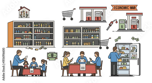 Dynamic Shoppers Explore a Brisk Grocery Store Scene With Counters and Shelves. Vector Illustrations. EPS Editable