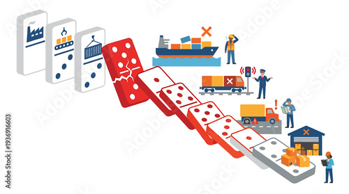 Dynamic Domino Chain Illustrating Global Shipping and Logistics. Vector Illustrations. EPS Editable