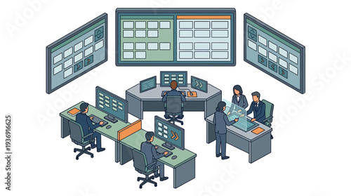 Dynamic Technology Control Center with Monitors and Operators at Work. Vector Illustrations. EPS Editable