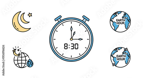 Earth Hour Icons With Moon Clock And Globe Symbols. Vector Illustrations. EPS Editable