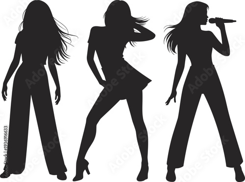 Women silhouettes posing and singing with microphone isolated on white background representing music performance, fashion style, entertainment and modern female lifestyle