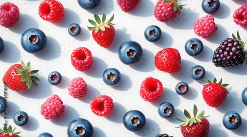 Blueberries, raspberries and strawberries are laid out on a white surface.