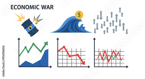 Economic War Visual Depicting Market Turmoil and Decline Across Graphs. Vector Illustrations. EPS Editable