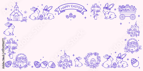Happy Easter frame border with bunny rabbits decorated eggs church cross and spring flowers hand drawn vector illustration for greeting cards invitations, banners, social media holiday templates