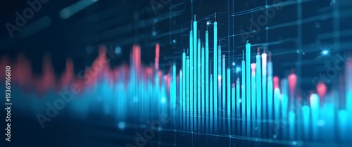 Dynamic financial data visualization with glowing bar graphs in motion, captured through a smooth camera pan in a futuristic, cinematic style; perfect for technology and finance themes.