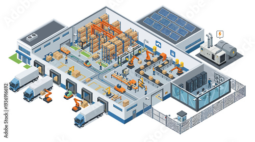 Efficient Industrial Assembly Line in Modern Factory Warehouse. Vector Illustrations. EPS Editable