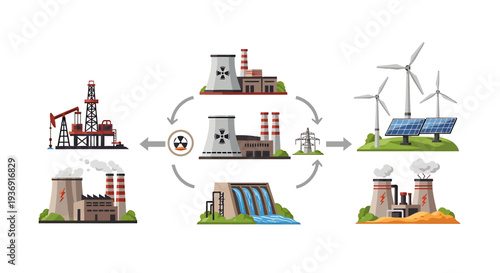 Energy Industry Production Scene with Wind Turbines and Factories. Vector Illustrations. EPS Editable