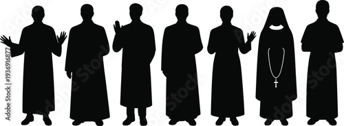 Christian clergy and nun silhouettes in religious robes standing in different poses isolated on white background representing faith, church service and spirituality