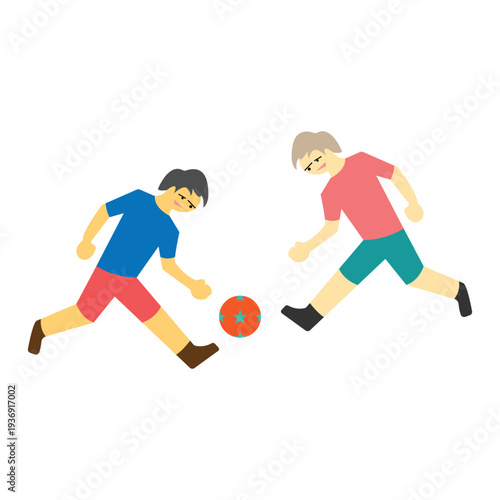 Flat illustration of two boys playing soccer, kicking a ball during friendly match, simple cartoon style sports activity concept ideal for teamwork, youth recreation and active lifestyle