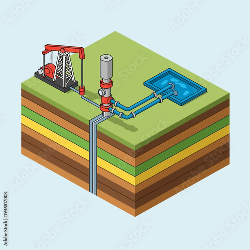 Isometric illustration of oil and gas extraction process.